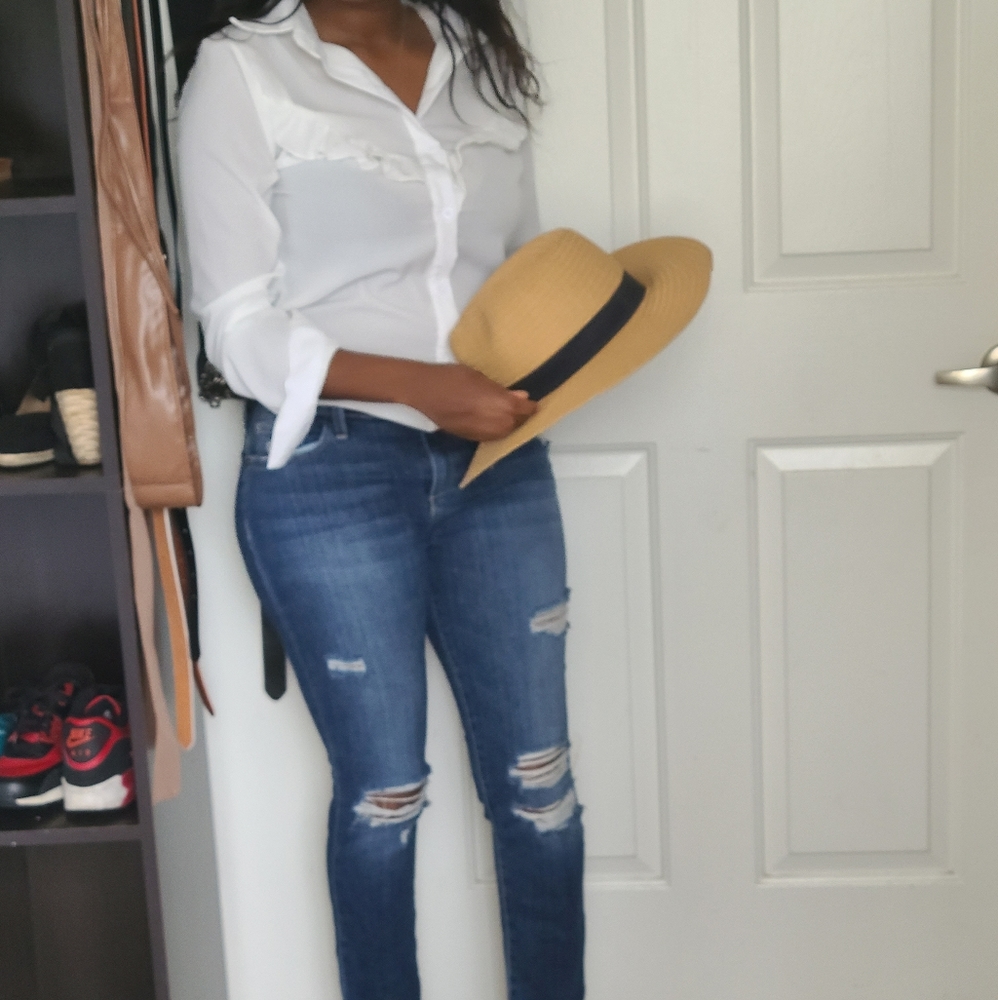 White Ruffle Top Button Blouse